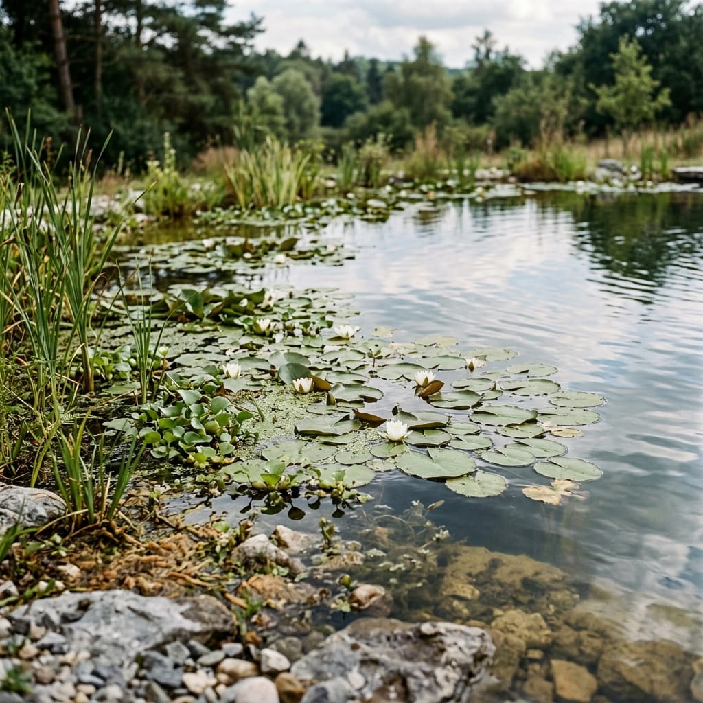 Surface d'eau avec nenuphars et plantes aquatiques du lagunage — filtration naturelle par les plantes, piscine naturelle Aqua Thill