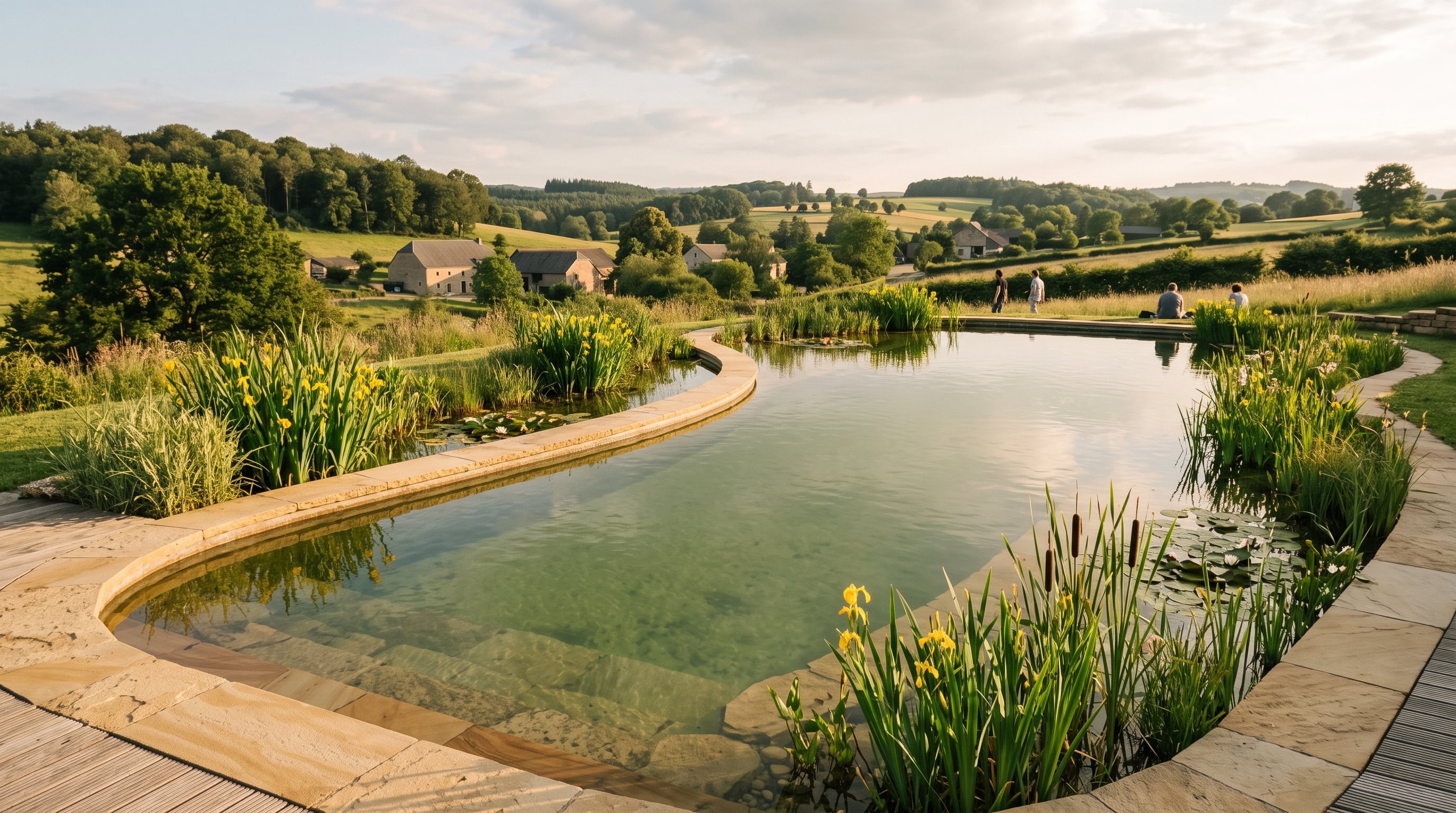 Piscine naturelle en fin d'apres-midi, lagunage plante d'iris et typha, margelles en pierre naturelle — Aqua Thill Junglinster Luxembourg