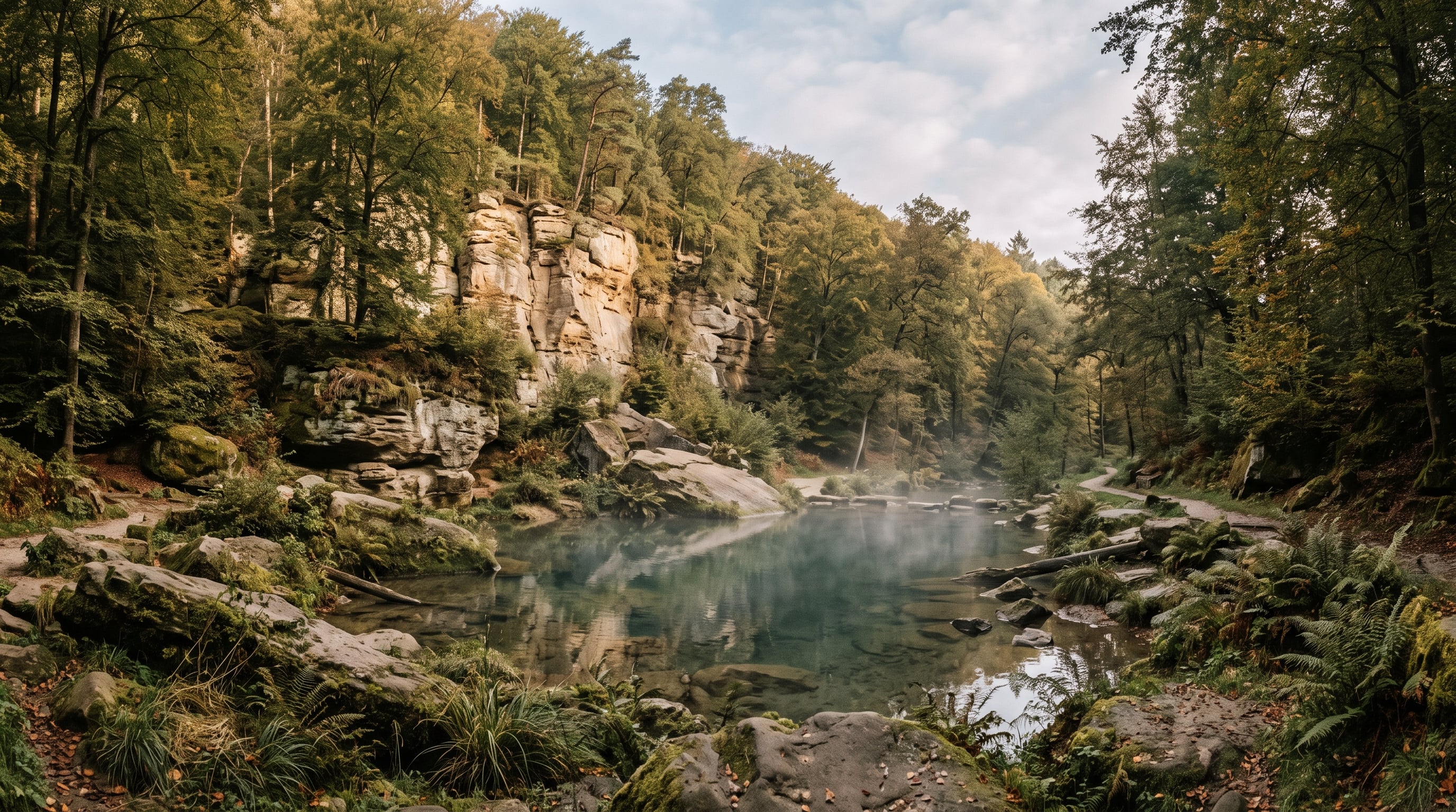 Piscine naturelle nichée au pied d'une colline boisée de hêtres du Mullerthal, lumière dorée du matin, brume légère sur l'eau — Aqua Thill Luxembourg